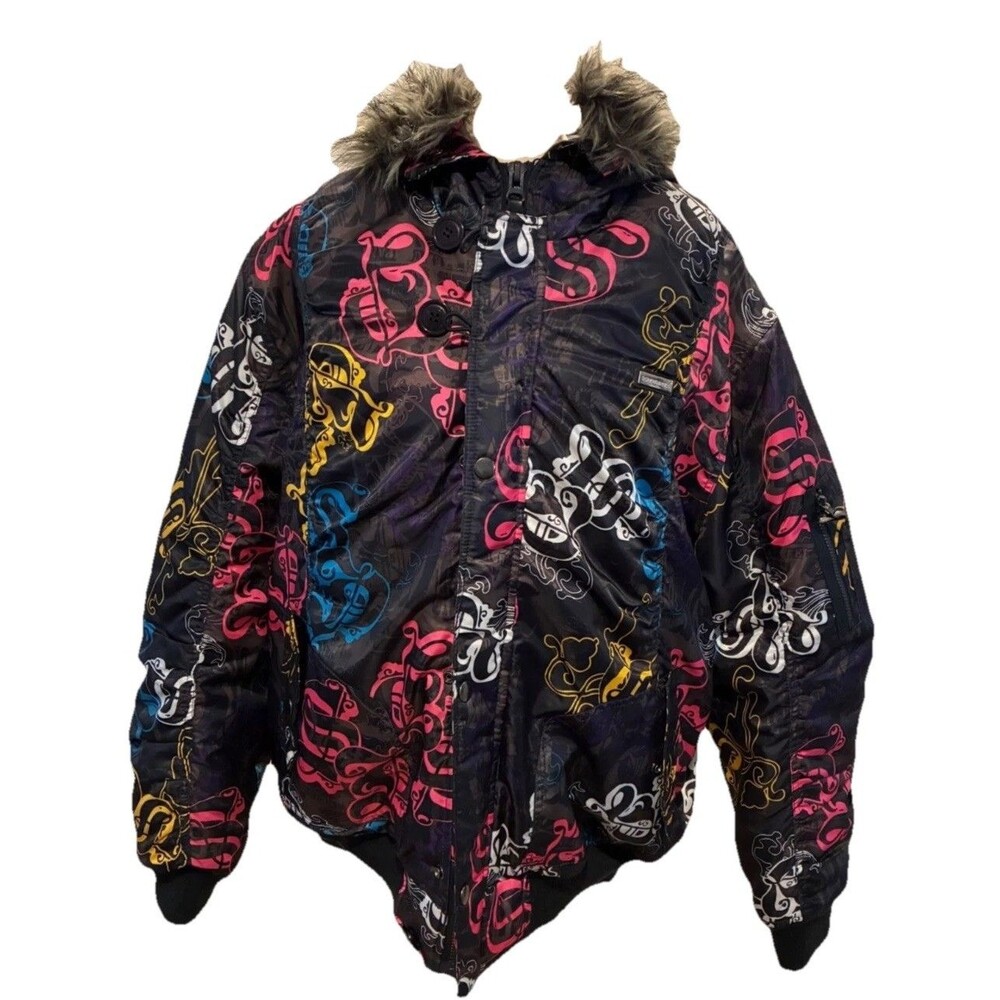 NEW SouthPole Puffer Fur Trim Graphic Print Hood Women’s Jacket L